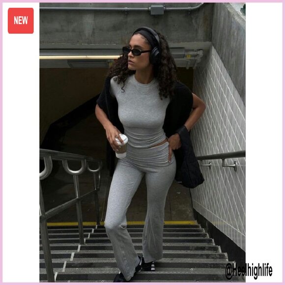 Rayon Spandex Crop Top Flare Pants Workout Set Women's Casual Streetwear - Picture 7 of 8